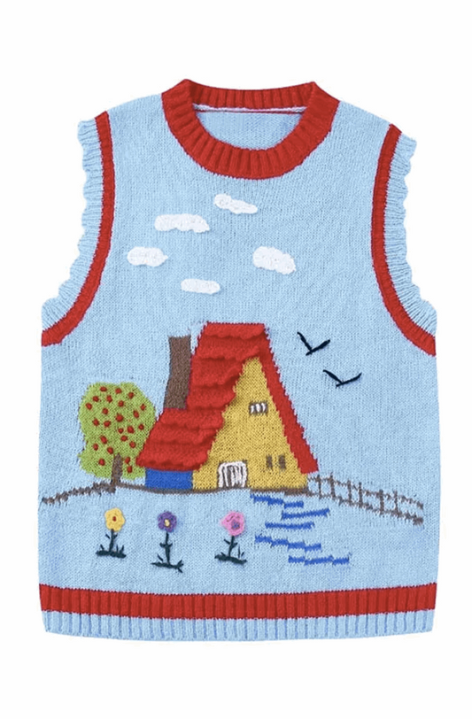Blue sweater vest with drawing