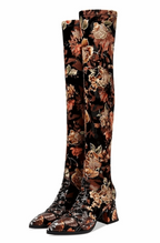Over the knee boots embroider flower with square heels