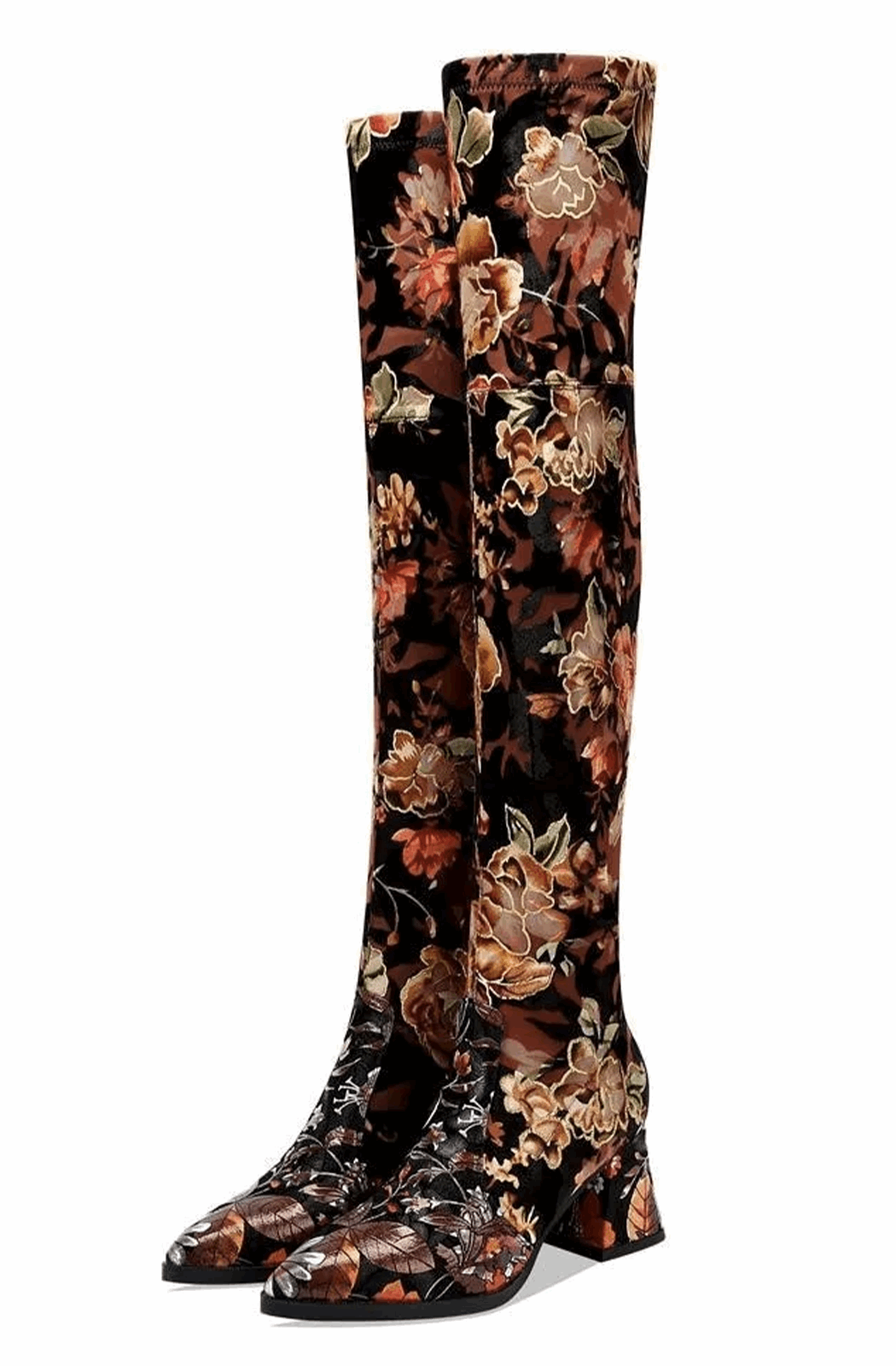 Over the knee boots embroider flower with square heels