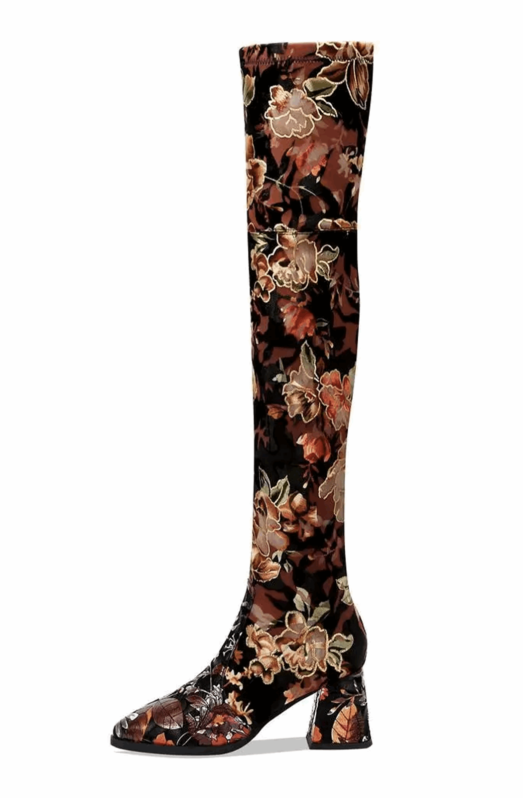 Over the knee boots embroider flower with square heels