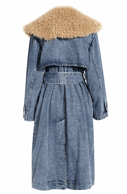 Denim trench coat with fur collar