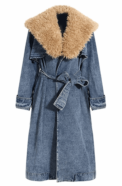 Denim trench coat with fur collar