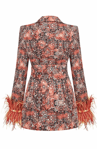 Floral blazer dress with feather cuffs