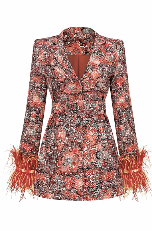 Floral blazer dress with feather cuffs