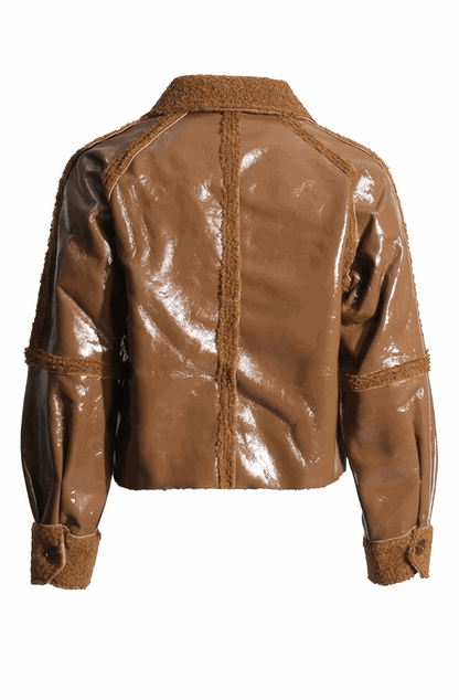 Brown patent leather and fur jacket