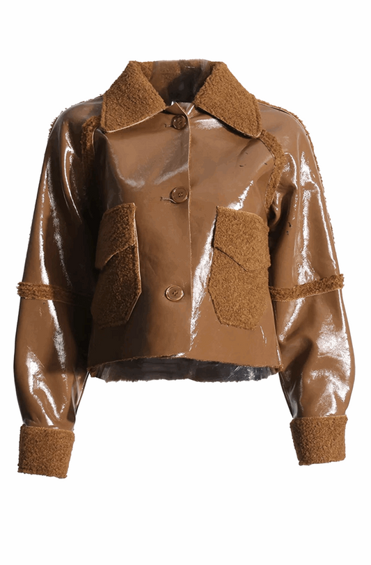 Brown patent leather and fur jacket