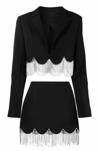 Rhinestone fringe cropped blazer and skirt set