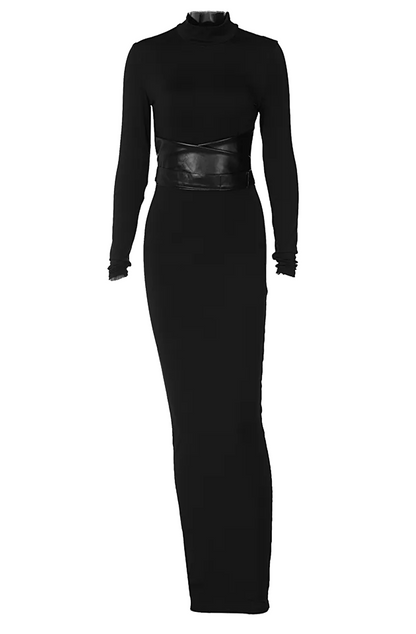 Black maxi dress with leather belt