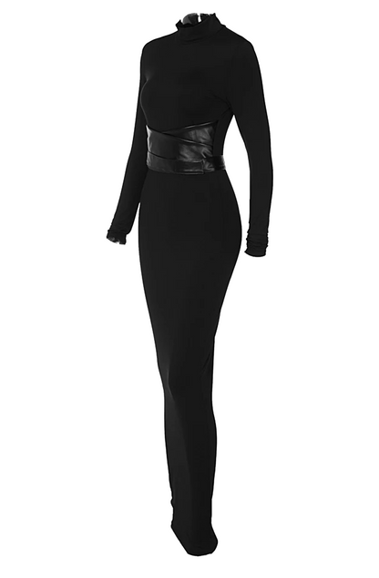 Black maxi dress with leather belt
