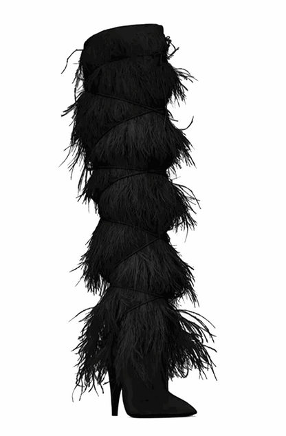 Feather knee high boots with cross tie