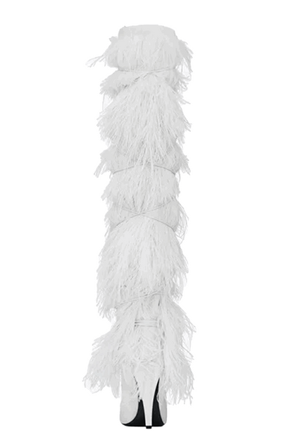 Feather knee high boots with cross tie
