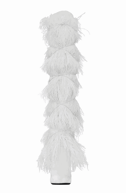 Feather knee high boots with cross tie