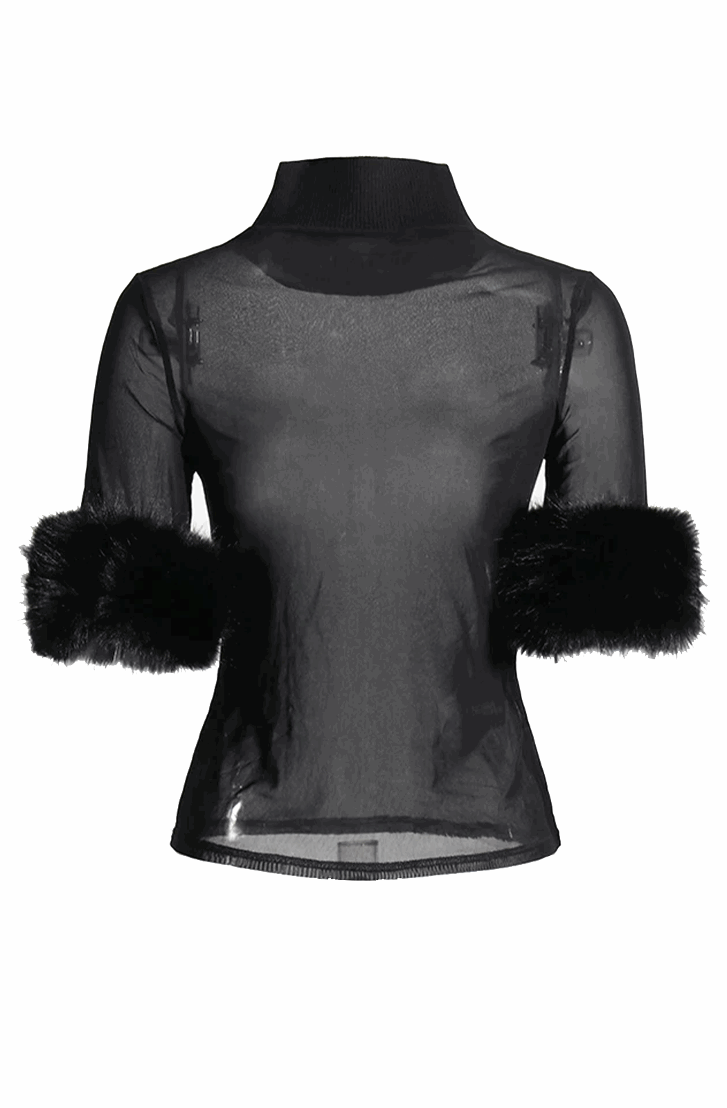 Fur trim mesh T-shirt