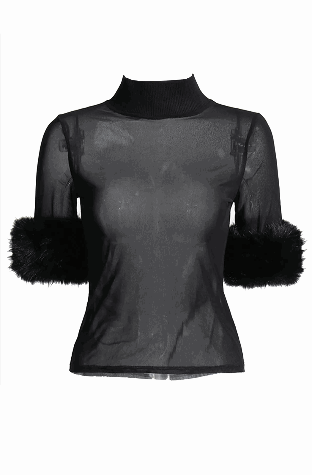 Fur trim mesh T-shirt