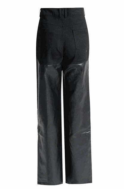 Bi-material leather and denim pants