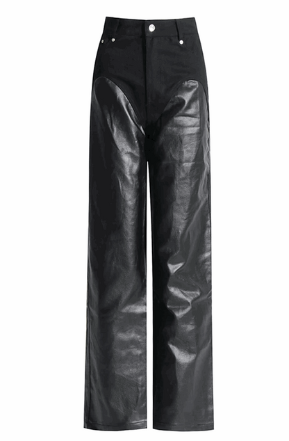 Bi-material leather and denim pants