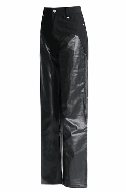 Bi-material leather and denim pants