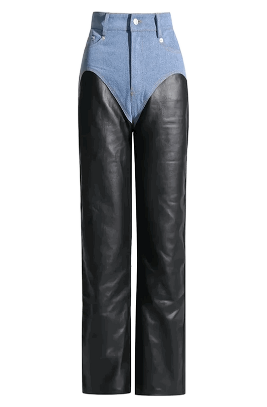 Bi-material leather and denim pants