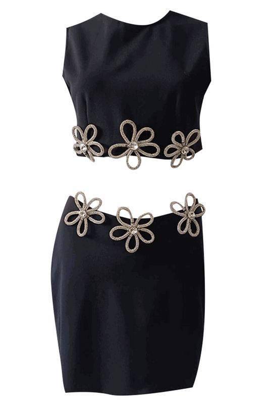 Floral diamonds patchwork sleeveless top and high waist skirt set