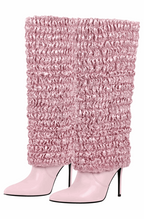 Pleated fold over knee high boots