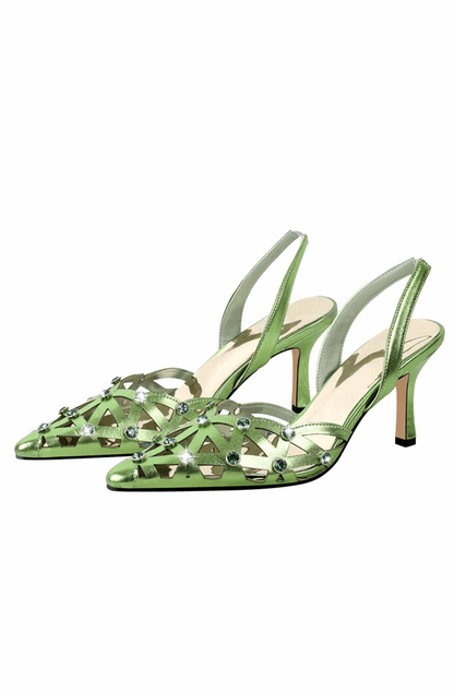 Rhinestone pointed toe ankle strap buckle heeled sandals