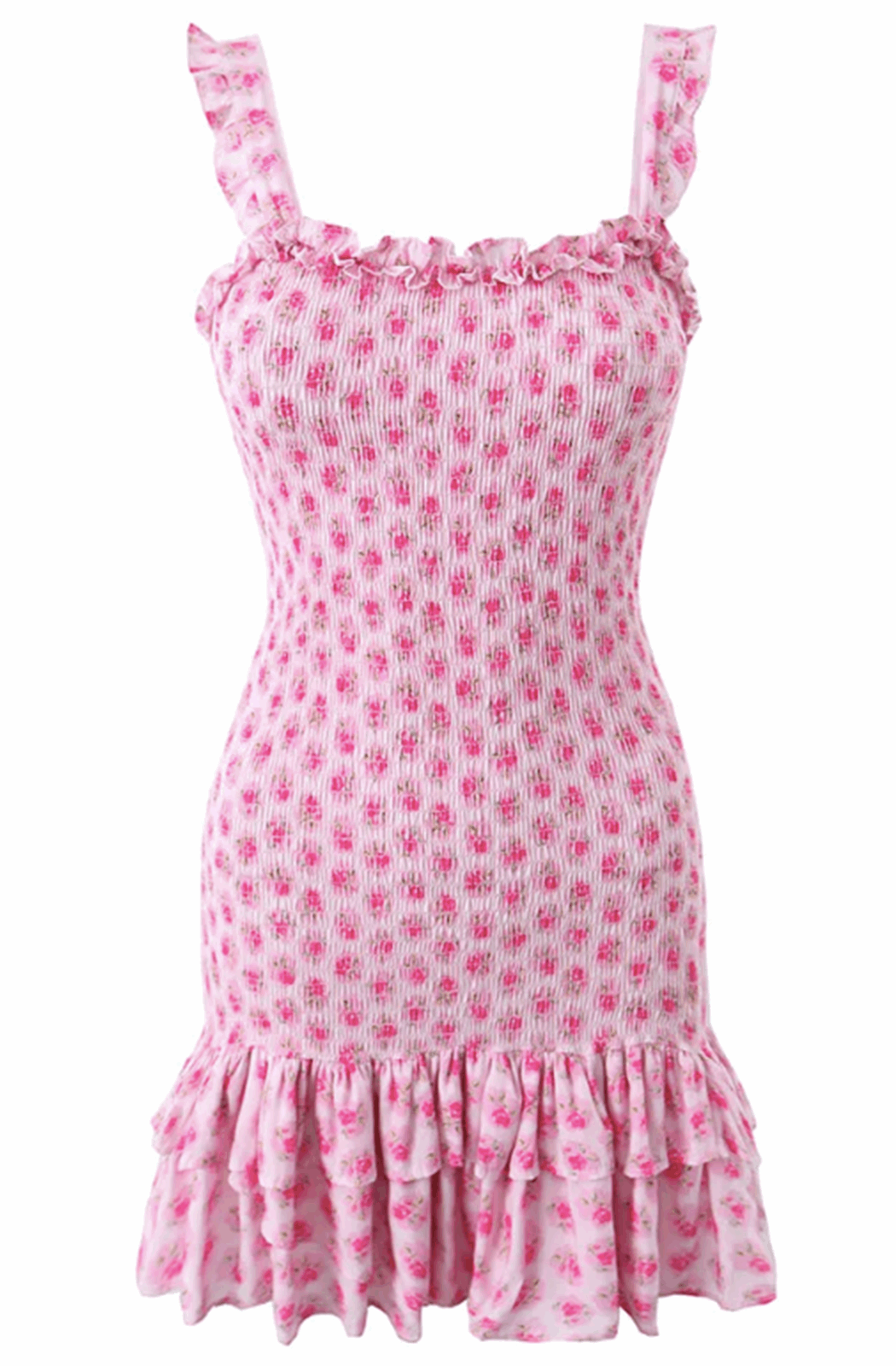 Pink flower print ruffles hem mini dress