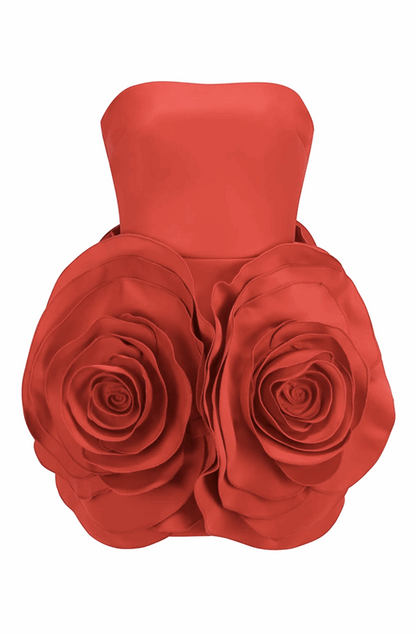 3D roses strapless red dress