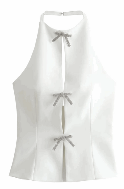 Backless top with rhinestone bows
