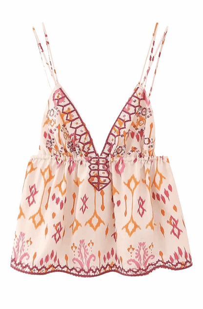 Sequined embroidery boho print crop top
