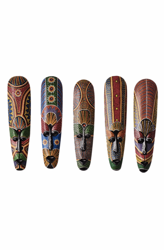5 wooden African totem masks wall hanging