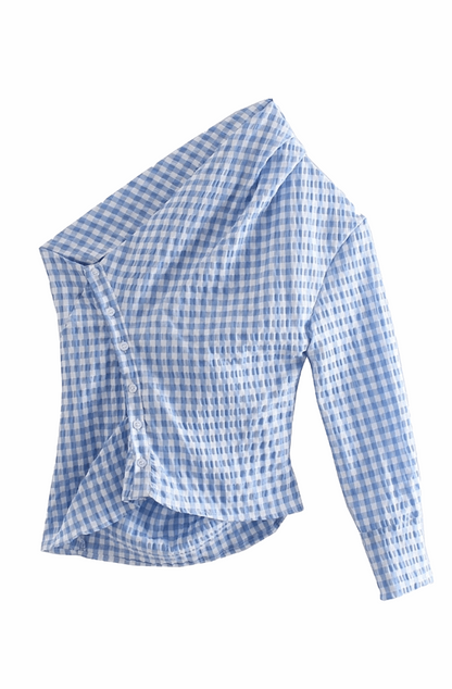 Blue gingham asymmetrical pleated shirt