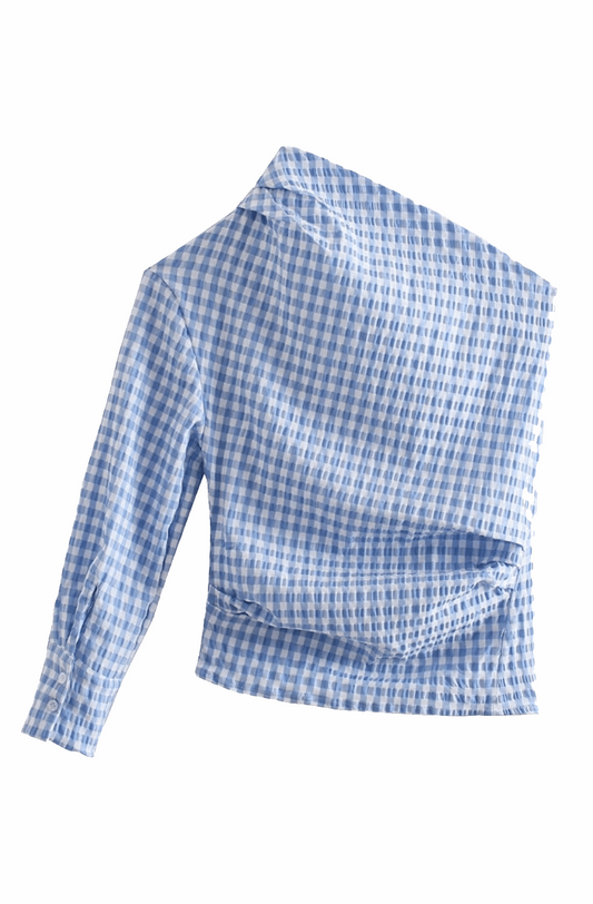 Blue gingham asymmetrical pleated shirt