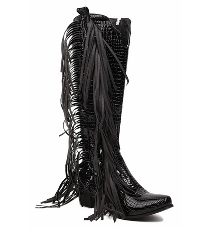 Black fringe boot with snake skin pattern on a white background