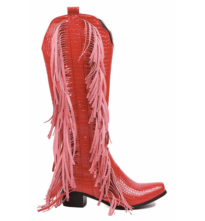 Red cowboy boot with pink fringes on a white background