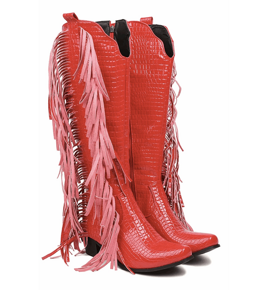 Red cowboy boots with fringes on a white background