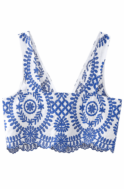 White and blue embroidery crop top