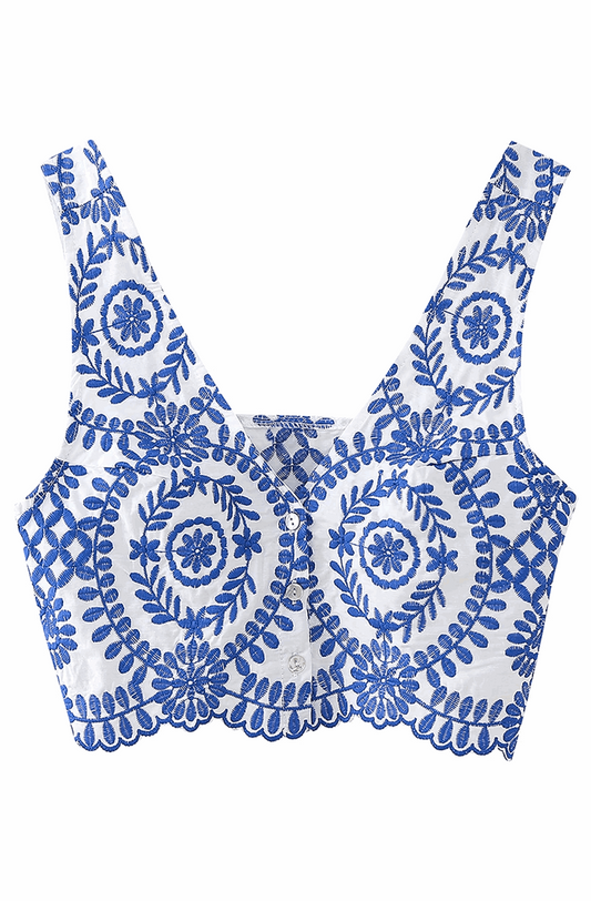 White and blue embroidery crop top