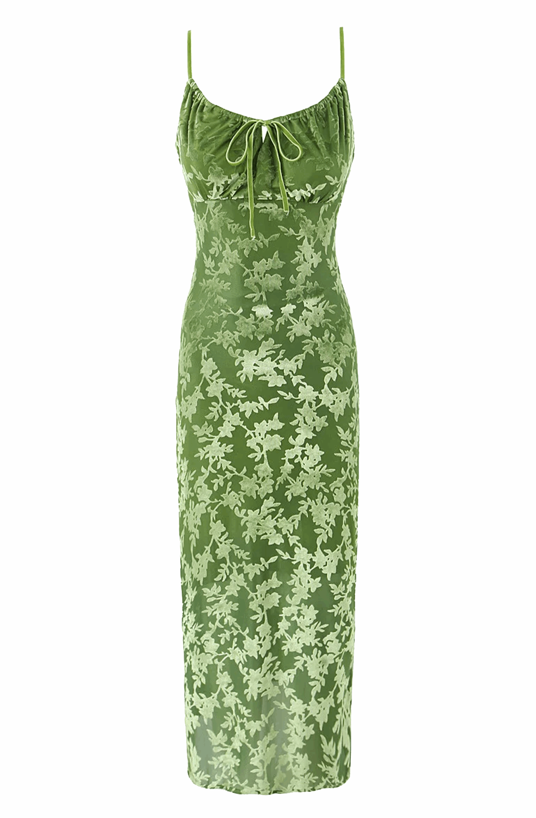Green floral velvet and mesh midi dress