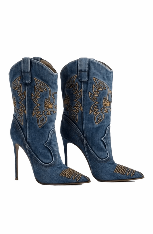 Denim stiletto western boots