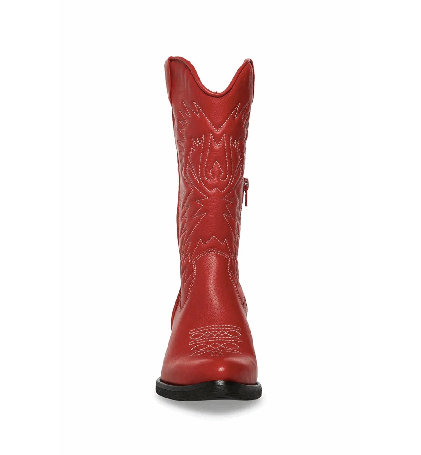 Stylish red cowboy boots for women featuring block heel and detailed embroidery