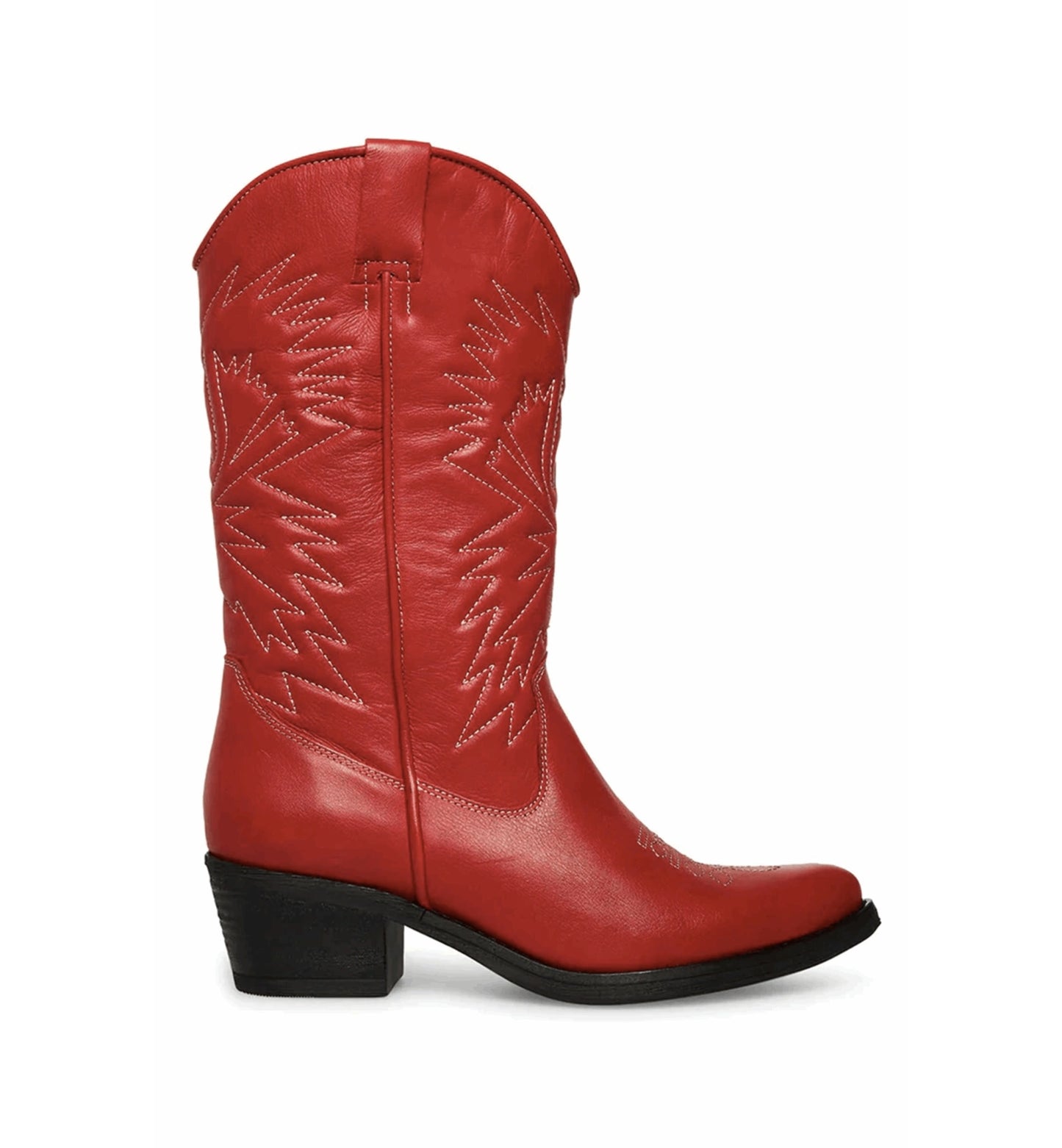 Red cowboy boot with black heel on a white background