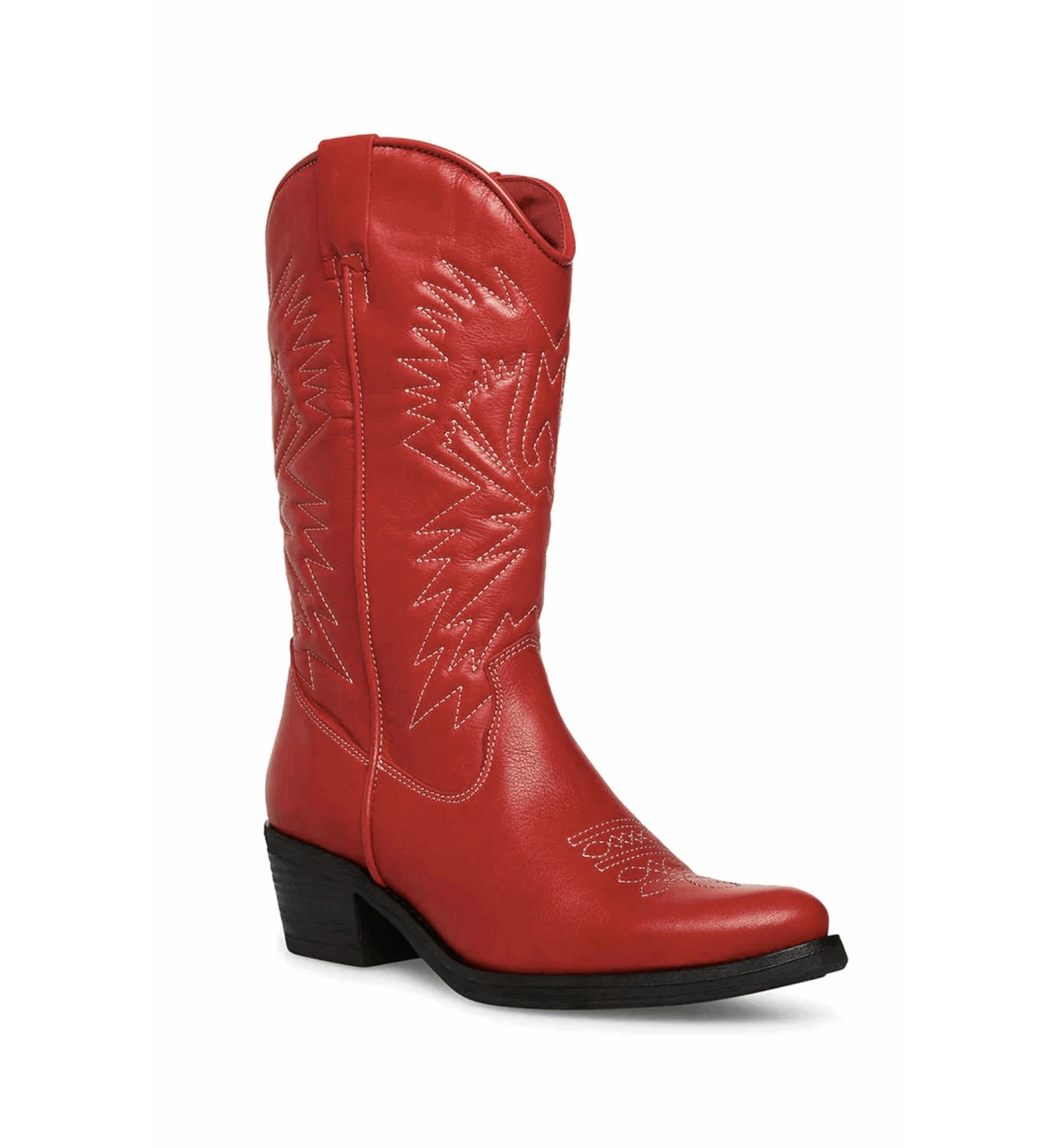 Red cowboy boot with black sole on a white background