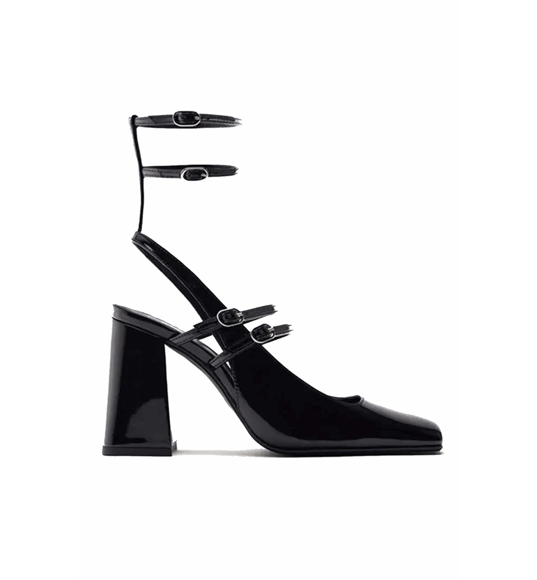 Black high-heeled shoes with multiple straps on a white background