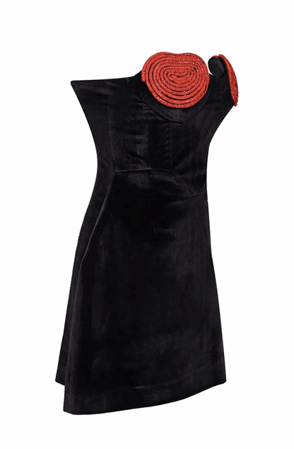 Black velvet strapless dress with red hearts