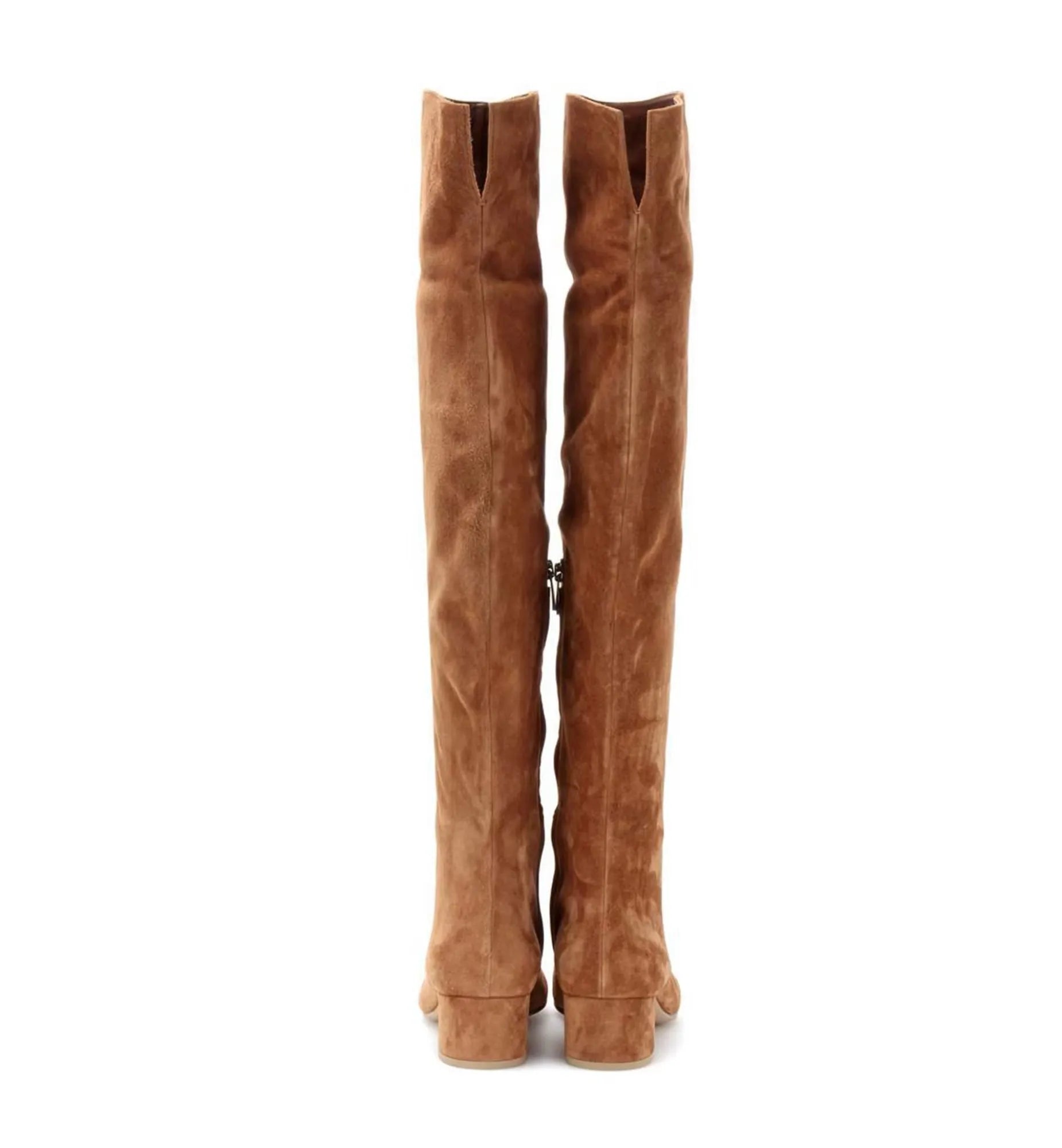 Brown suede knee-high boots on a white background