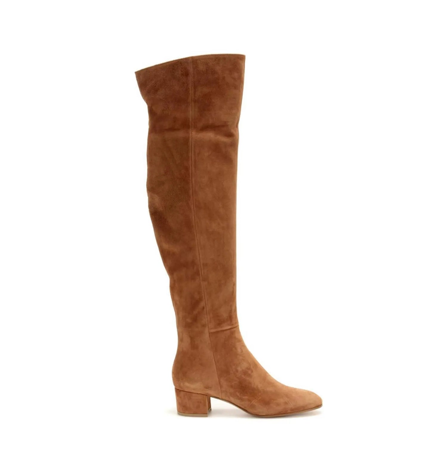 Brown suede knee-high boot on a white background