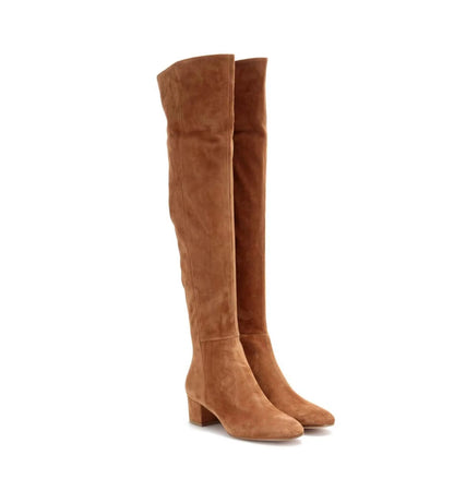 Pair of brown suede knee-high boots on a white background