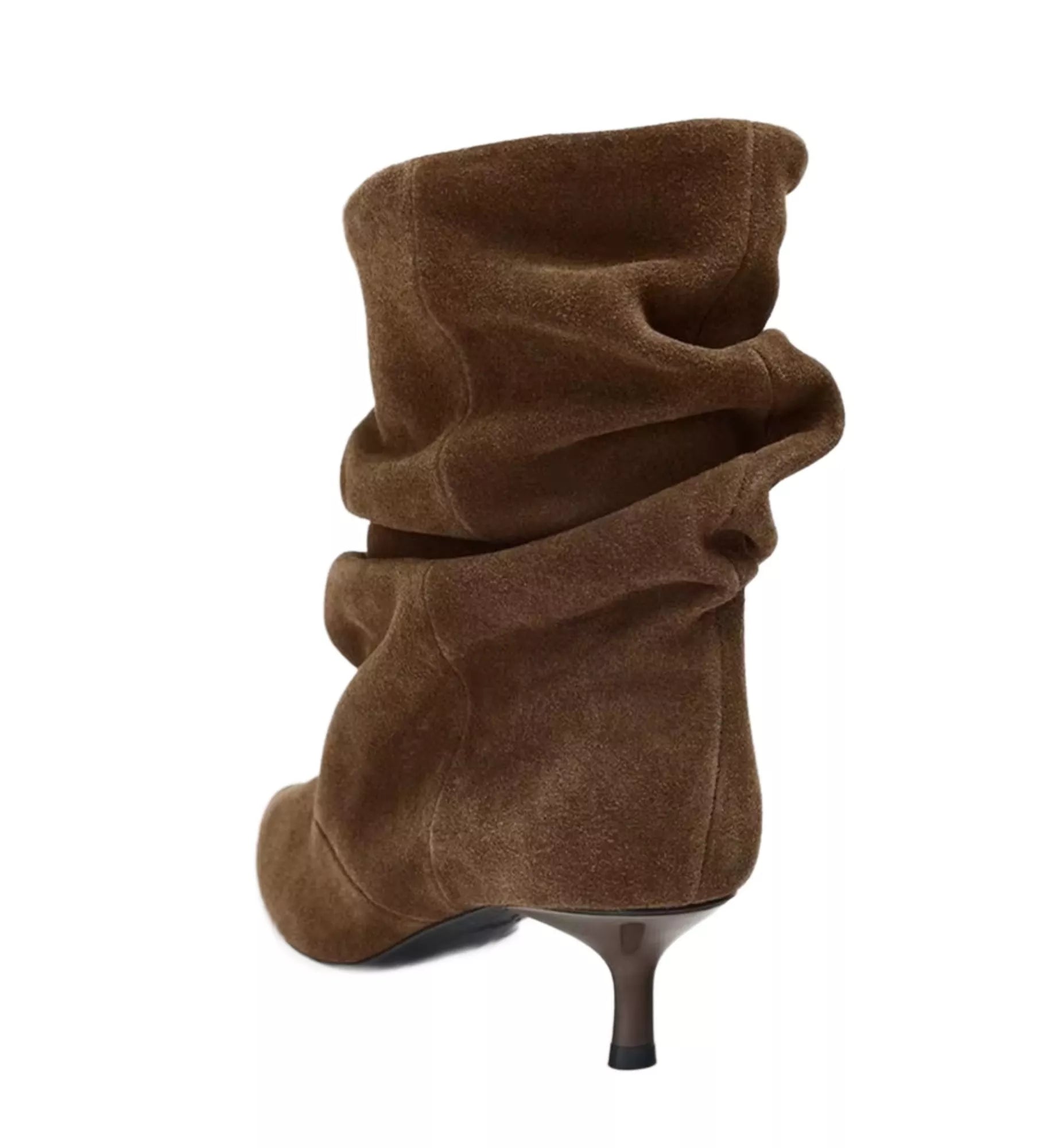 Brown suede high-heeled boot on a white background