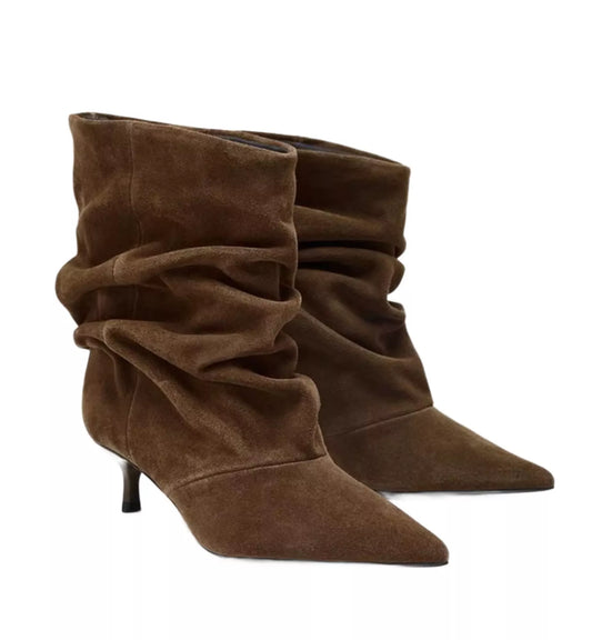 Brown suede high-heeled boots on a white background
