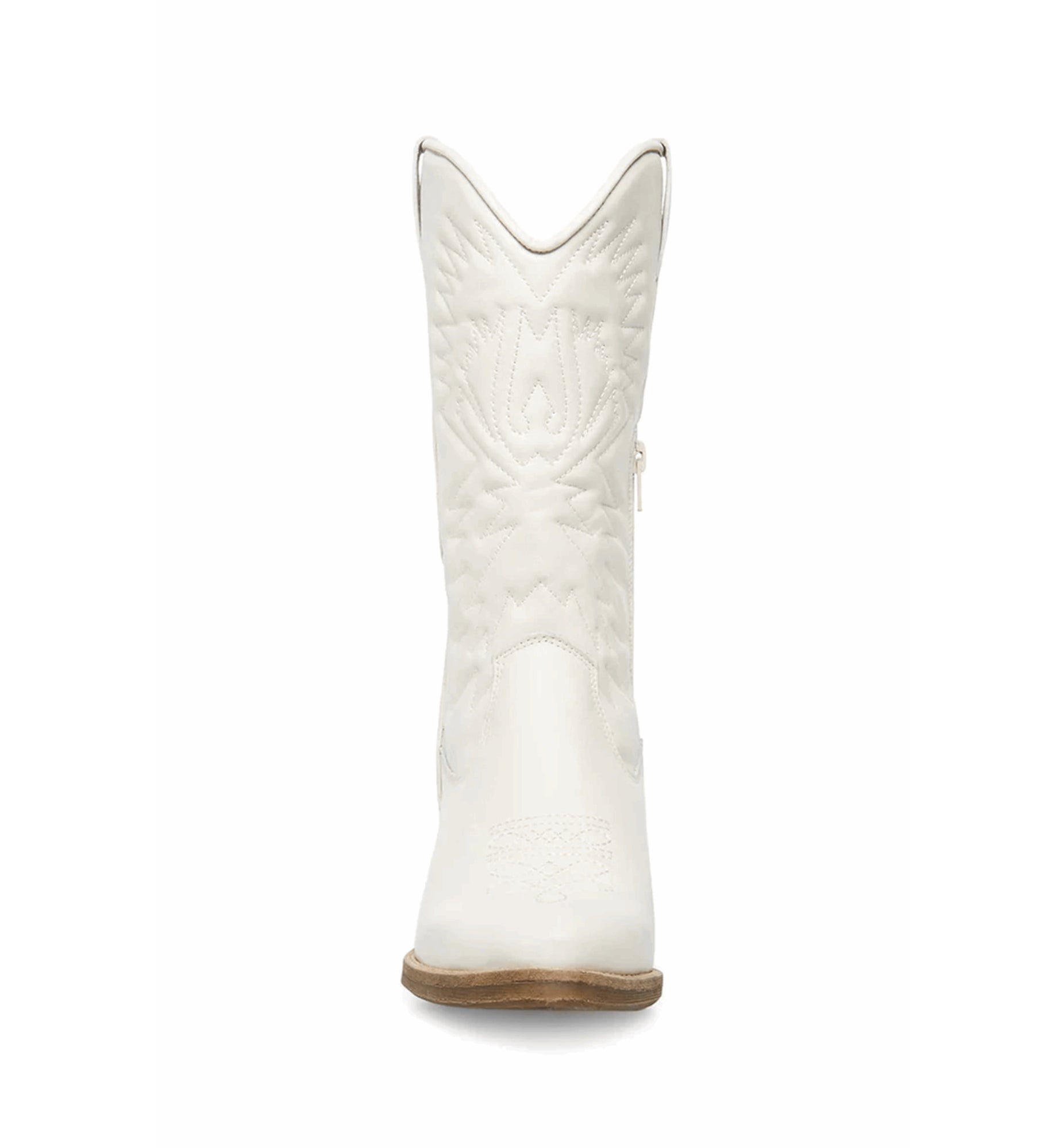 White cowboy boot with intricate patterns on a white background